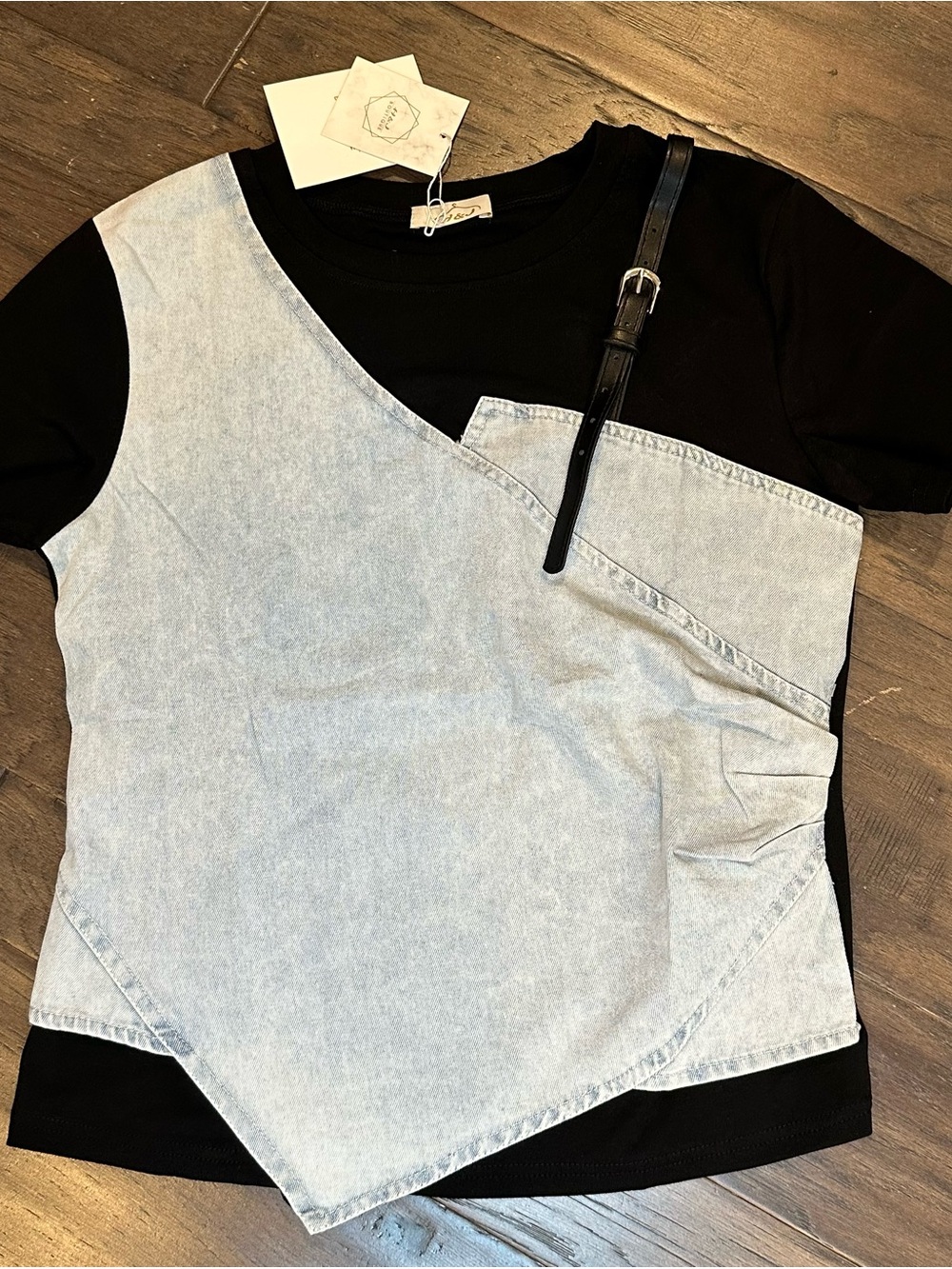 Women's Black Tee with Light Wash Denim Front Panel - Trendy Layered Look